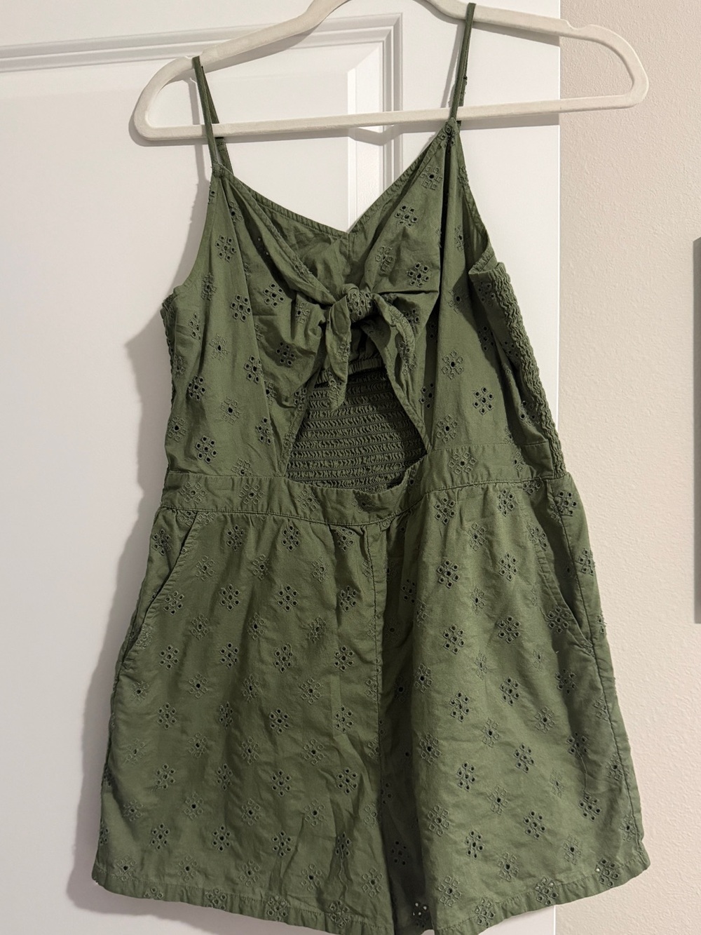 aerie Olive Green Eyelet One-Piece Romper with keyhole front tie